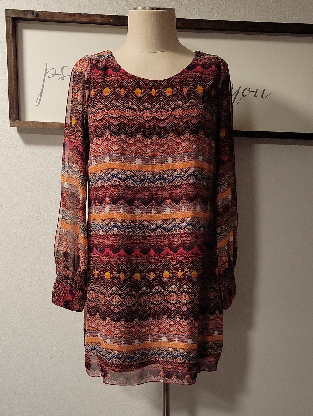 Boho Chevron Printed Long-Sleeve Dress - Multi-Color
